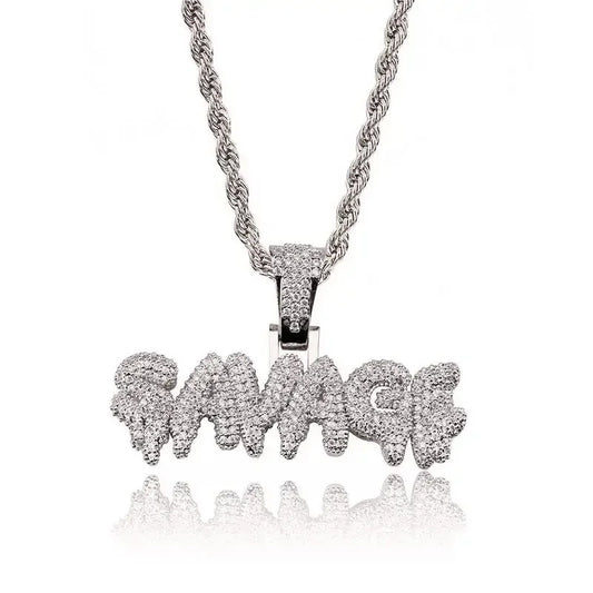 Iced Out Letter Savage Pendant Shiny Bing Cubic Zirconia Hip Hop Necklace Men\\\'s Cool Rock Rap Trend Jewelry