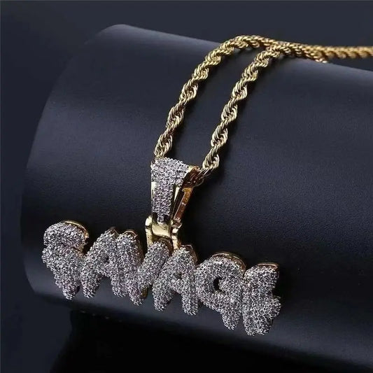 Iced Out Letter Savage Pendant Shiny Bing Cubic Zirconia Hip Hop Necklace Men\\\'s Cool Rock Rap Trend Jewelry
