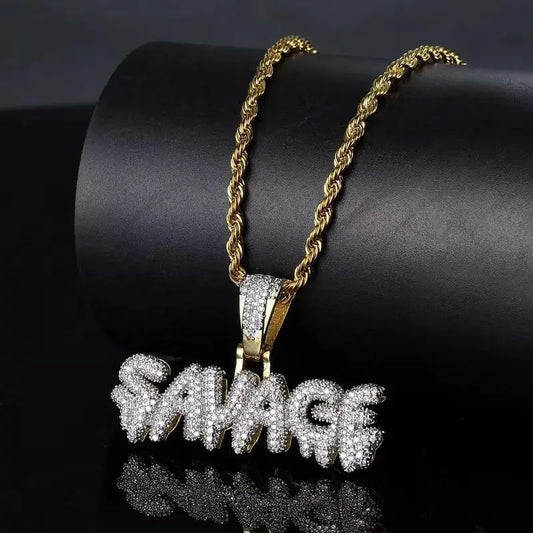 Iced Out Letter Savage Pendant Shiny Bing Cubic Zirconia Hip Hop Necklace Men\\\'s Cool Rock Rap Trend Jewelry