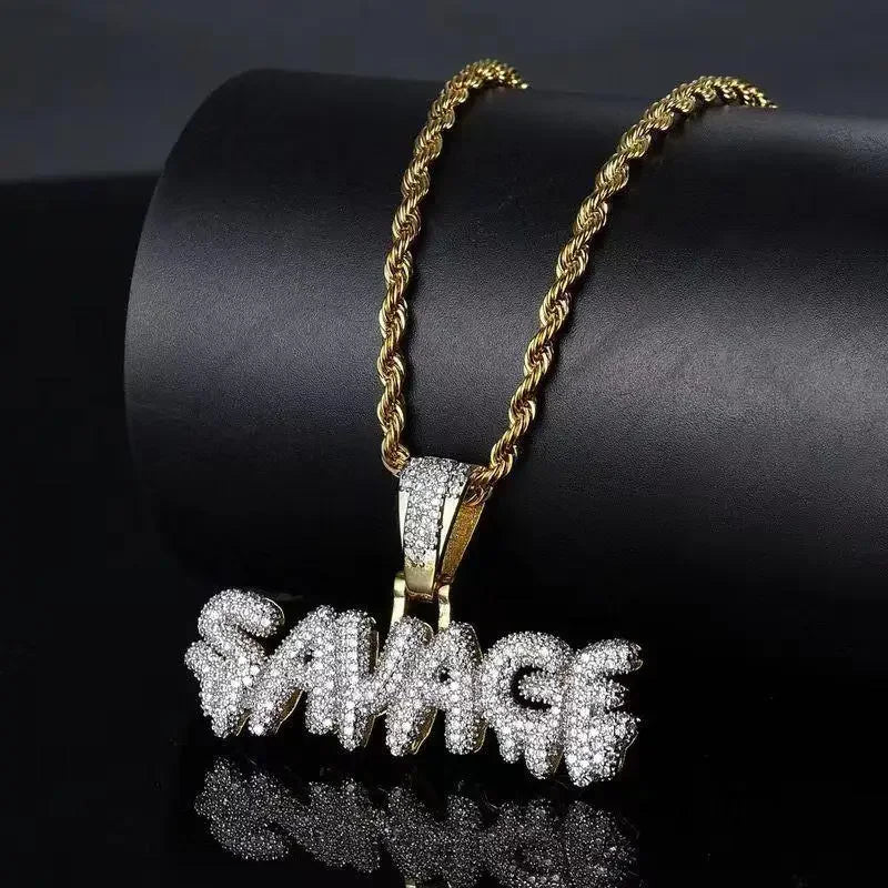 Iced Out Letter Savage Pendant Shiny Bing Cubic Zirconia Hip Hop Necklace Men\\\'s Cool Rock Rap Trend Jewelry
