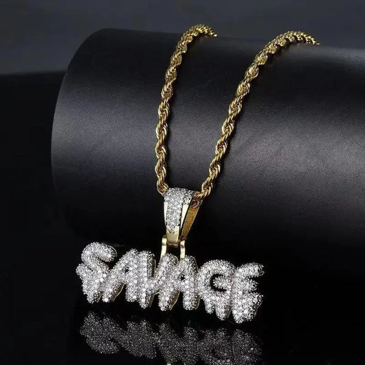 Iced Out Letter Savage Pendant Shiny Bing Cubic Zirconia Hip Hop Necklace Men\\\'s Cool Rock Rap Trend Jewelry