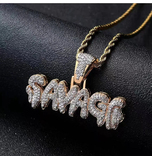 Iced Out Letter Savage Pendant Shiny Bing Cubic Zirconia Hip Hop Necklace Men\\\'s Cool Rock Rap Trend Jewelry