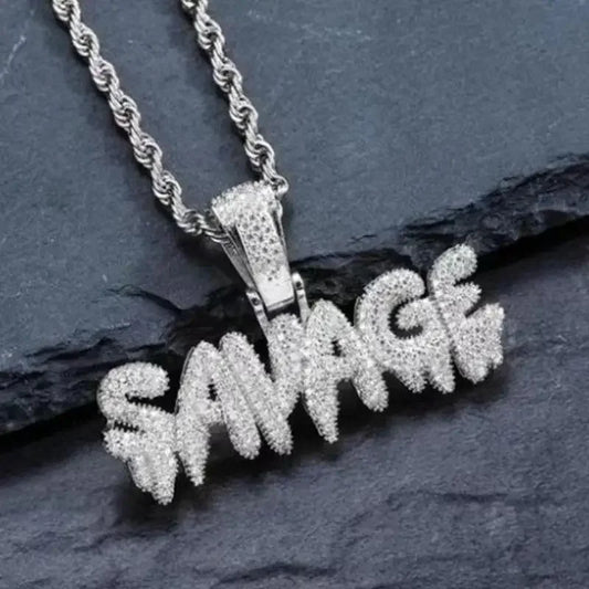 Iced Out Letter Savage Pendant Shiny Bing Cubic Zirconia Hip Hop Necklace Men\\\'s Cool Rock Rap Trend Jewelry